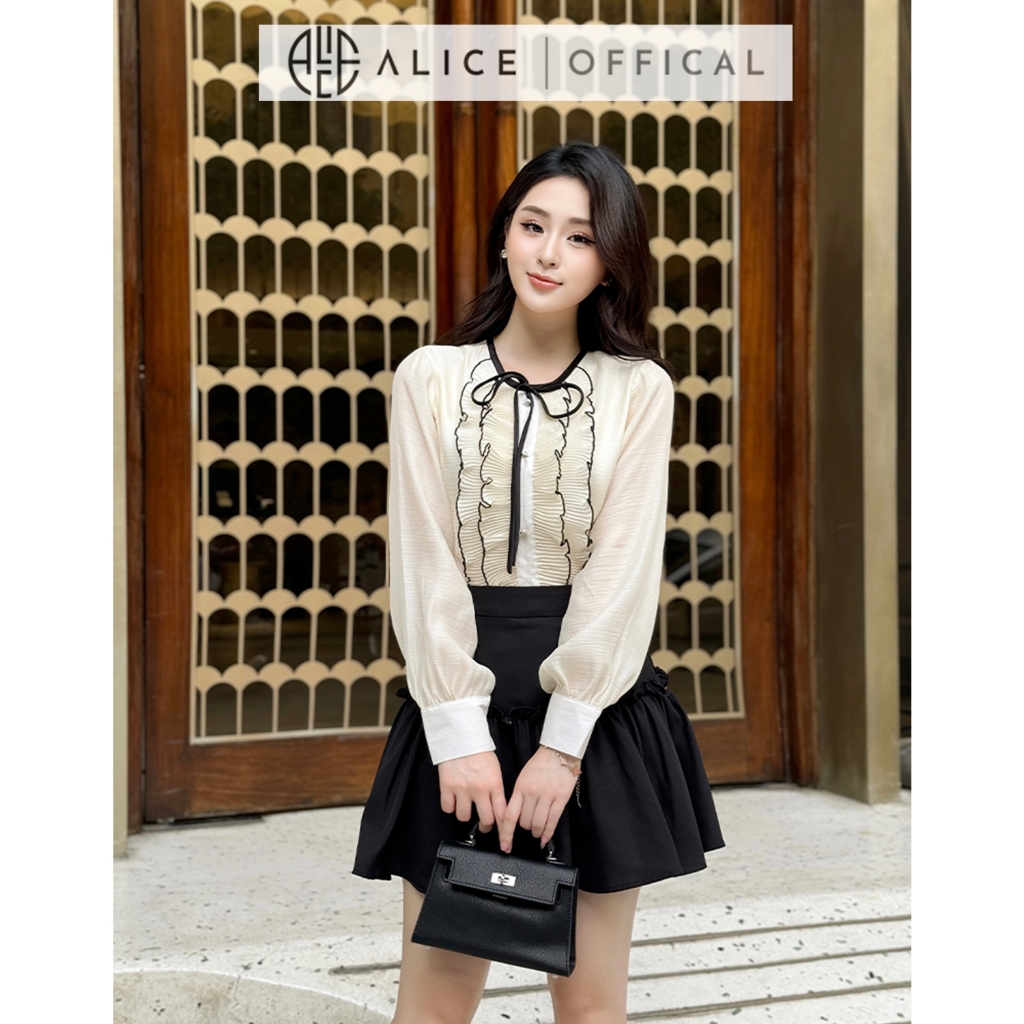 Ảnh Set Váy Nữ Tiểu Thư Chất Tơ Crep Mềm Mại Alice, Áo Dài Tay Bồng Nhẹ Cổ Phối Bèo Dọc Kèm Chân Váy Chéo Rubi S788 3