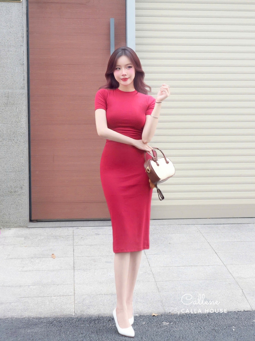 Ảnh Đầm body nữ dáng dài tay ngắn cổ tròn nhún eo chất thun cotton 4 chiều co giãn Callene (L1481) 2