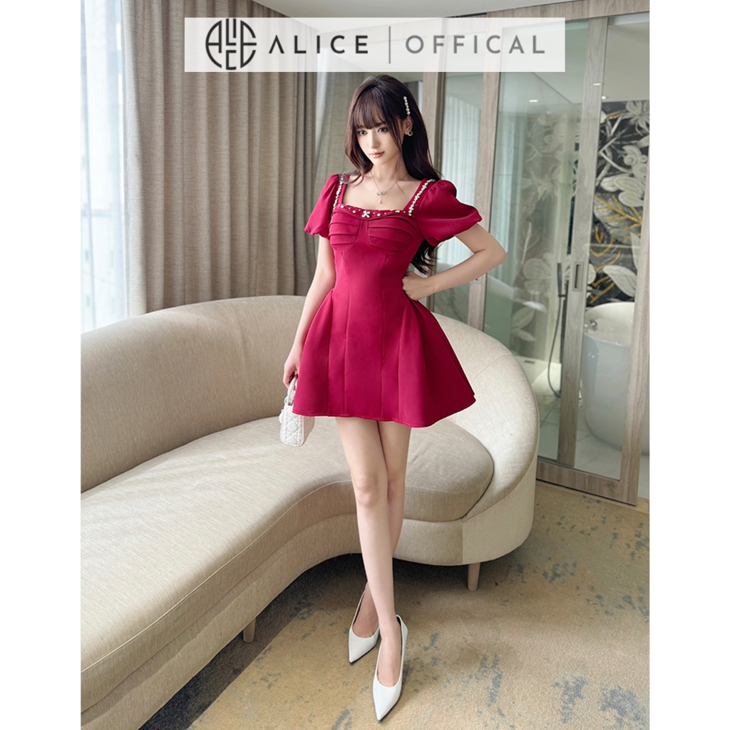 Váy Đầm Nữ Dự Tiệc Alice Chất Chéo Rubi Màu Đỏ Cổ Vuông Đính Đá Tay Ngắn Bồng Bo Chun Dáng Váy Xòe Bồng V1288