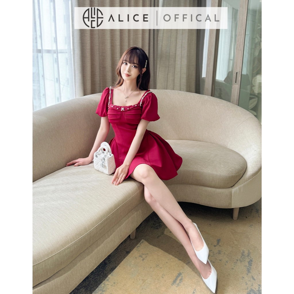 Váy Đầm Nữ Dự Tiệc Alice Chất Chéo Rubi Màu Đỏ Cổ Vuông Đính Đá Tay Ngắn Bồng Bo Chun Dáng Váy Xòe Bồng V1288