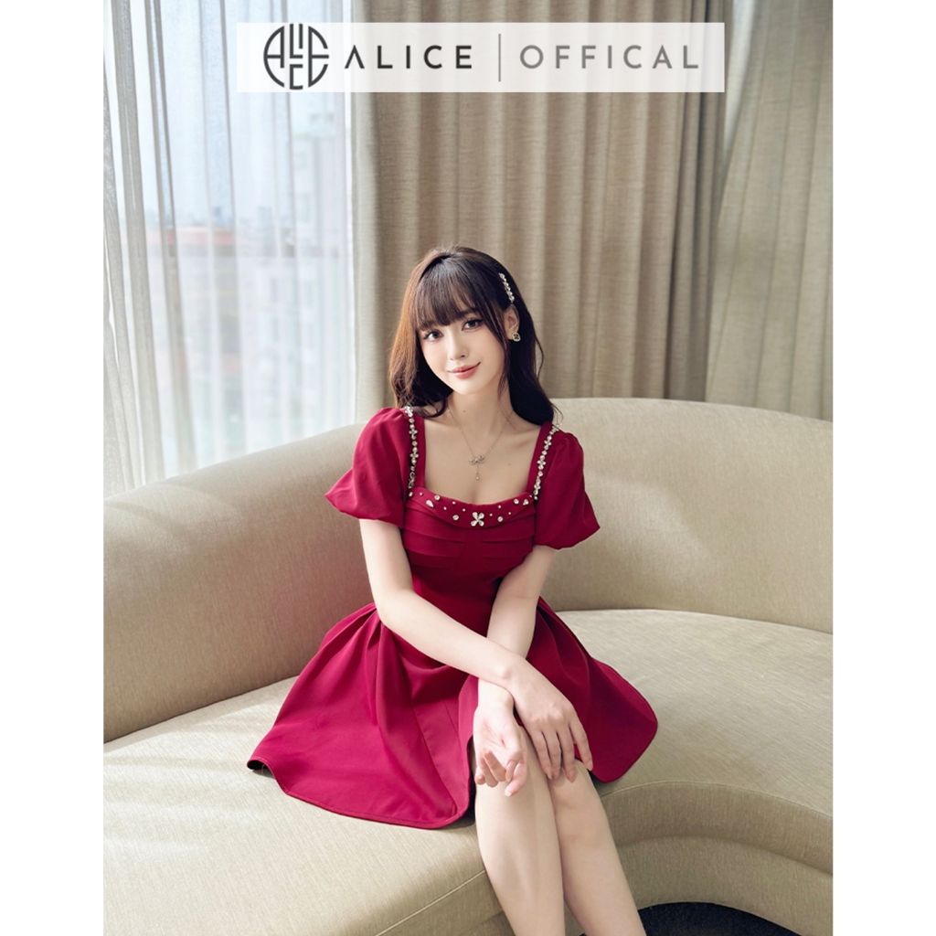 Váy Đầm Nữ Dự Tiệc Alice Chất Chéo Rubi Màu Đỏ Cổ Vuông Đính Đá Tay Ngắn Bồng Bo Chun Dáng Váy Xòe Bồng V1288