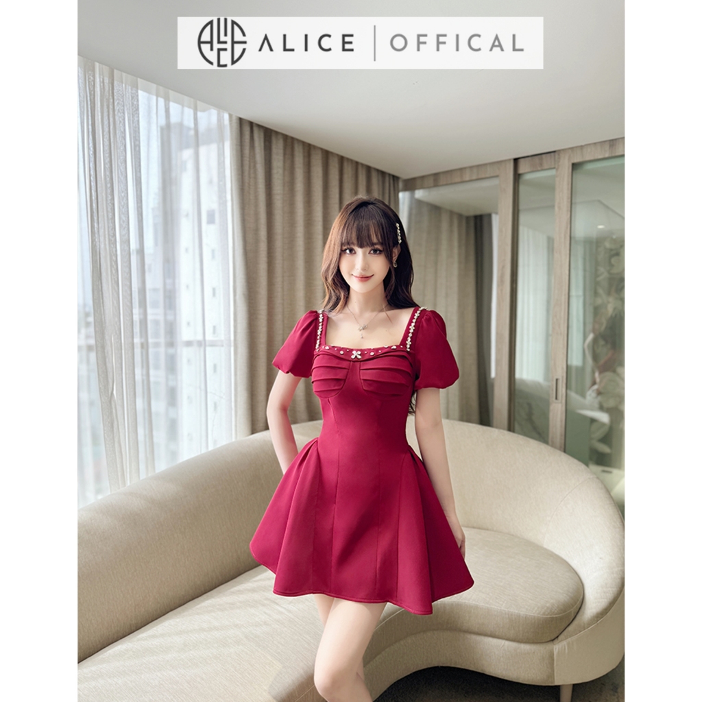 Váy Đầm Nữ Dự Tiệc Alice Chất Chéo Rubi Màu Đỏ Cổ Vuông Đính Đá Tay Ngắn Bồng Bo Chun Dáng Váy Xòe Bồng V1288