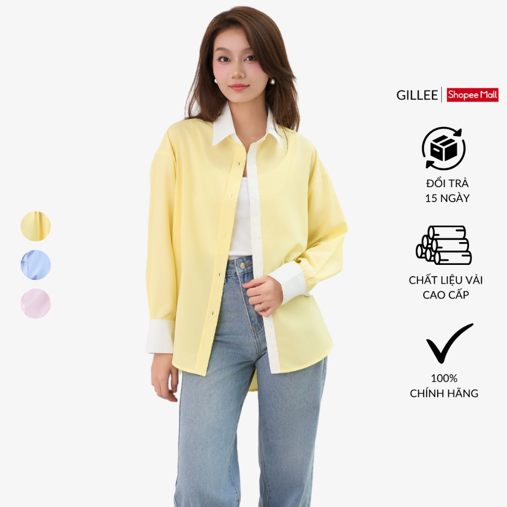 Đánh Giá Áo Sơ Mi Nữ GILLEE Oversized Kate Lụa FAS351 | Form Rộng Phối Cổ Trắng Trendy