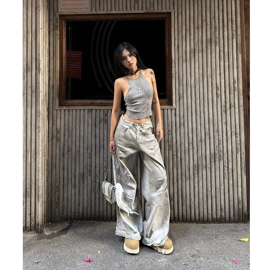 Bad Choices | Quần Jean Shark Fin Wide-Leg ống rộng Wash màu Streetwear Style