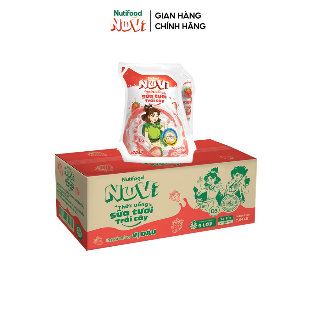 Ảnh NuVi Thùng Thức Uống Sữa Tươi Trái Cây Vị Dâu 110ml (Túi 110ml x 24) 4