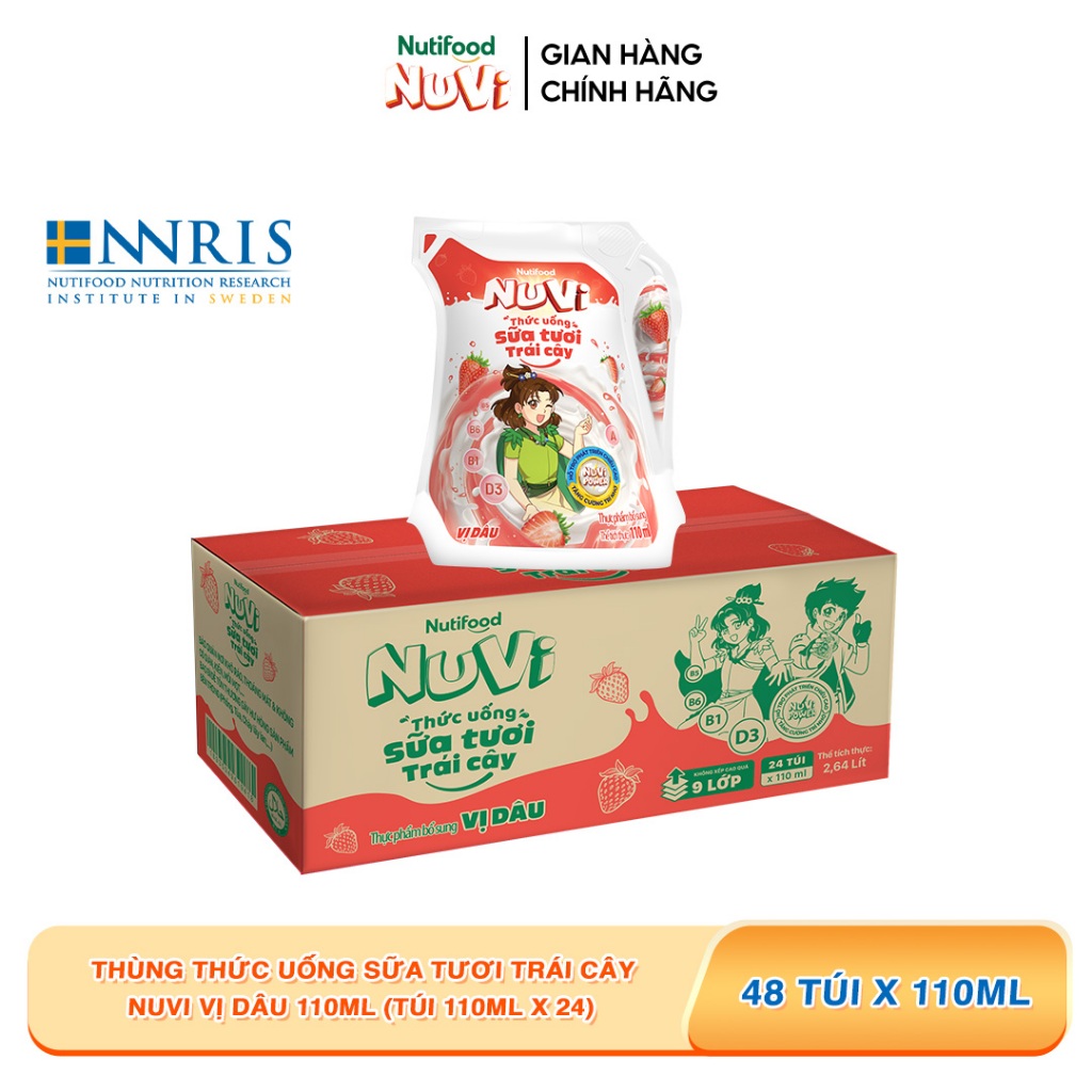 Ảnh NuVi Thùng Thức Uống Sữa Tươi Trái Cây Vị Dâu 110ml (Túi 110ml x 24) 1