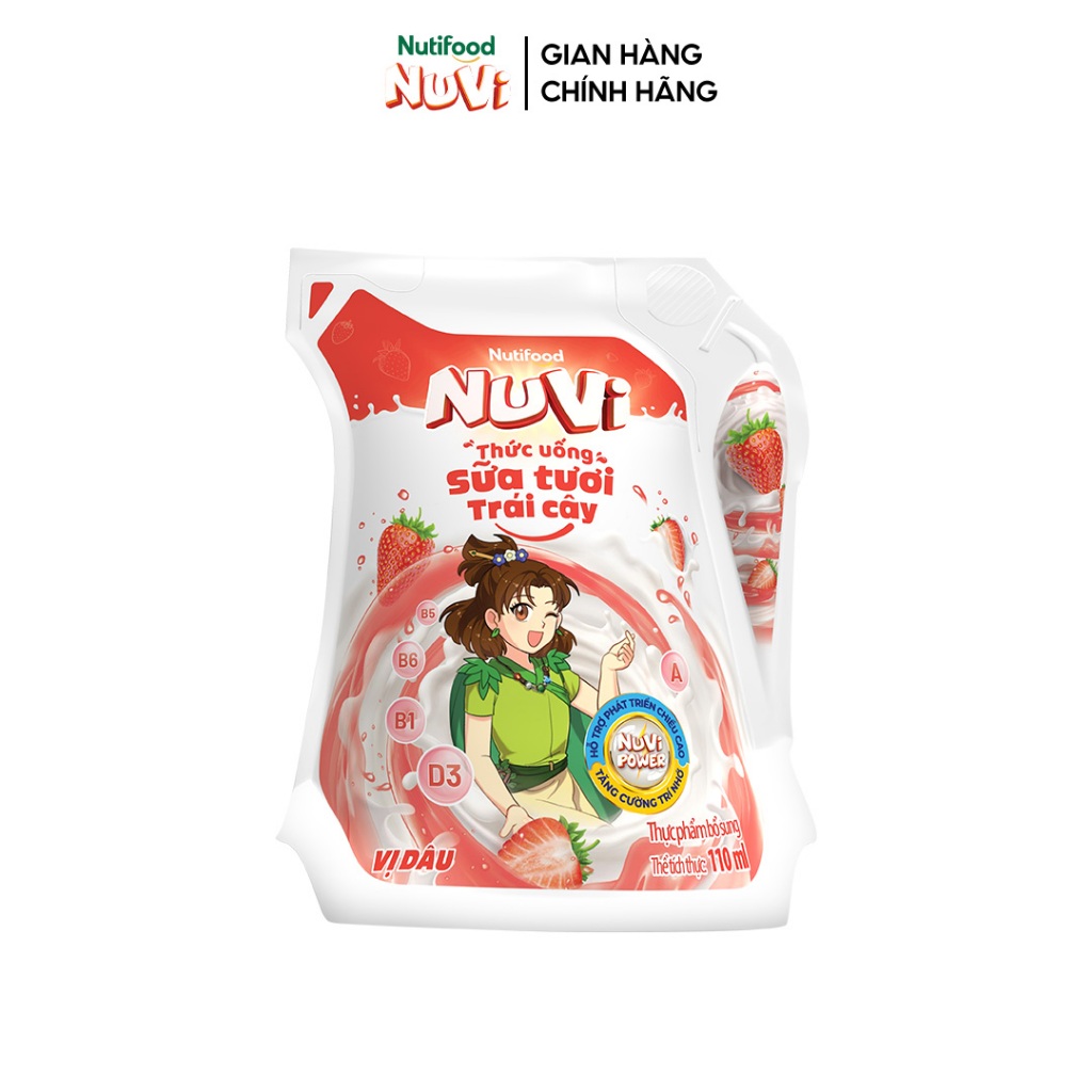 Ảnh NuVi Thùng Thức Uống Sữa Tươi Trái Cây Vị Dâu 110ml (Túi 110ml x 24) 2