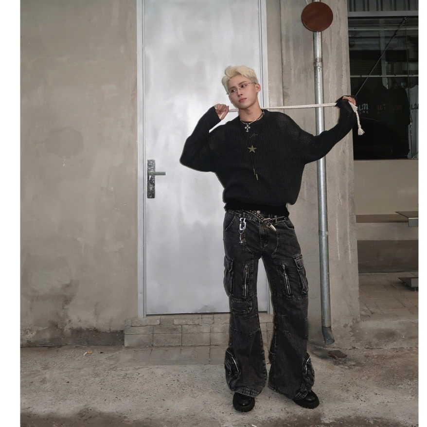 Bad Choices | Quần jean suông loe DESTROYED dây kéo phối túi hộp StreetWear Style