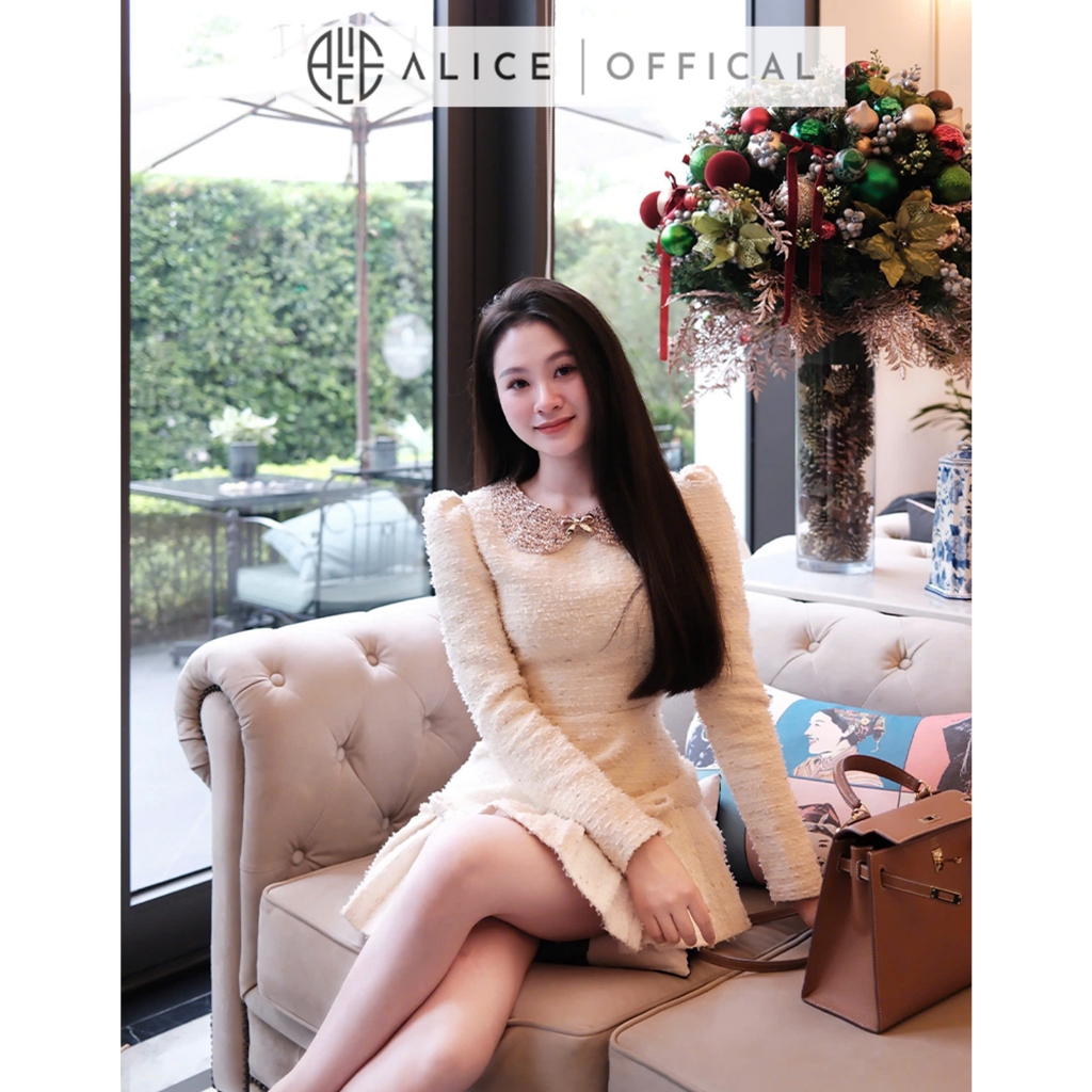 Váy Dạ Tweet Cao Cấp Nữ Alice, Áo Dài Tay Cổ Sen Đính Đá Và Nơ Nổi, Dáng Váy Xếp Ly Ngắn, Xòe Nhẹ V1292