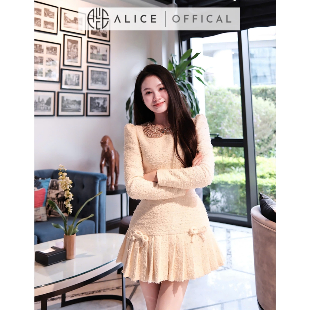 Váy Dạ Tweet Cao Cấp Nữ Alice, Áo Dài Tay Cổ Sen Đính Đá Và Nơ Nổi, Dáng Váy Xếp Ly Ngắn, Xòe Nhẹ V1292