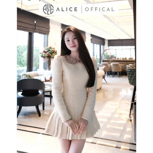 Váy Dạ Tweet Cao Cấp Nữ Alice, Áo Dài Tay Cổ Sen Đính Đá Và Nơ Nổi, Dáng Váy Xếp Ly Ngắn, Xòe Nhẹ V1292