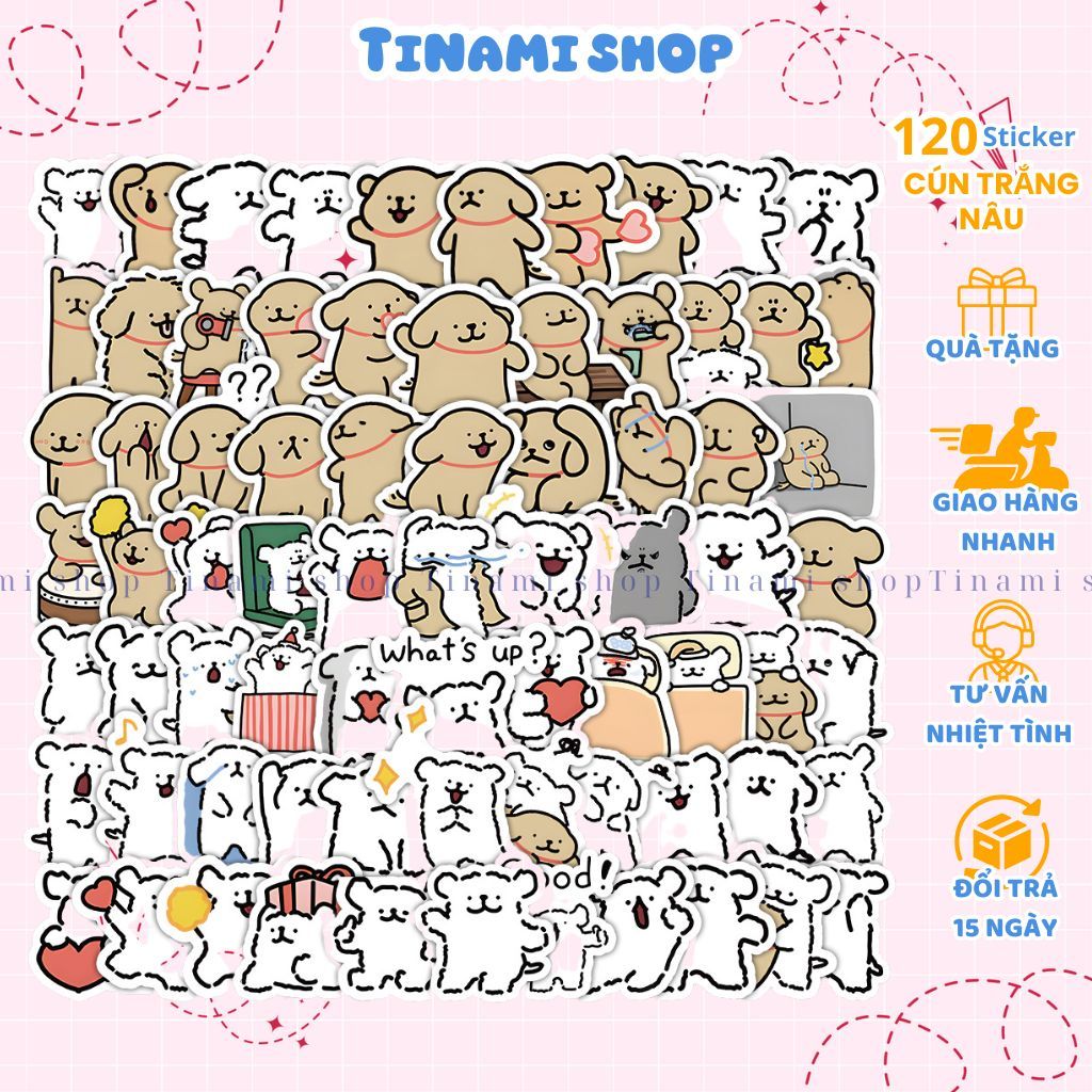 120 sticker chó trắng chó nâu dễ thương kích thước 3-4cm sẵn keo dùng ...
