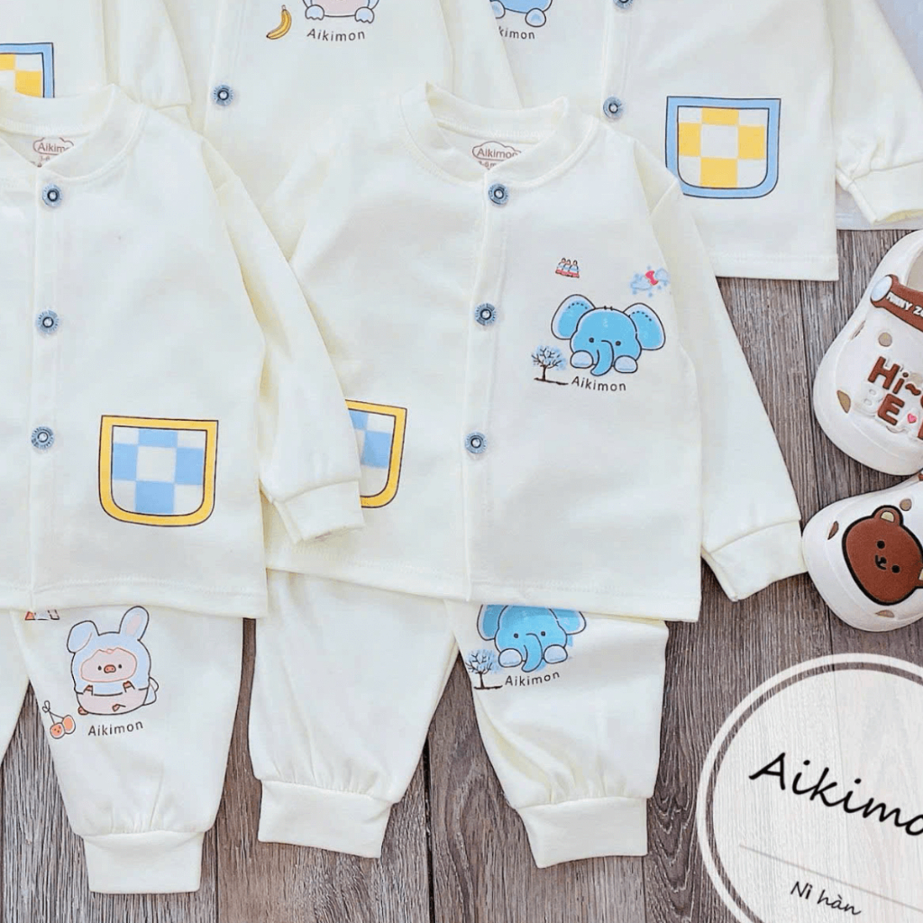 (Dày Đẹp) Bộ Nỉ Thu Đông AKIMON Cho Bé Trai Bé Gái Sơ Sinh 3-9kg nền kem phối màu mềm mịn giữ nhiệt AK01 Đậu Đậu Store