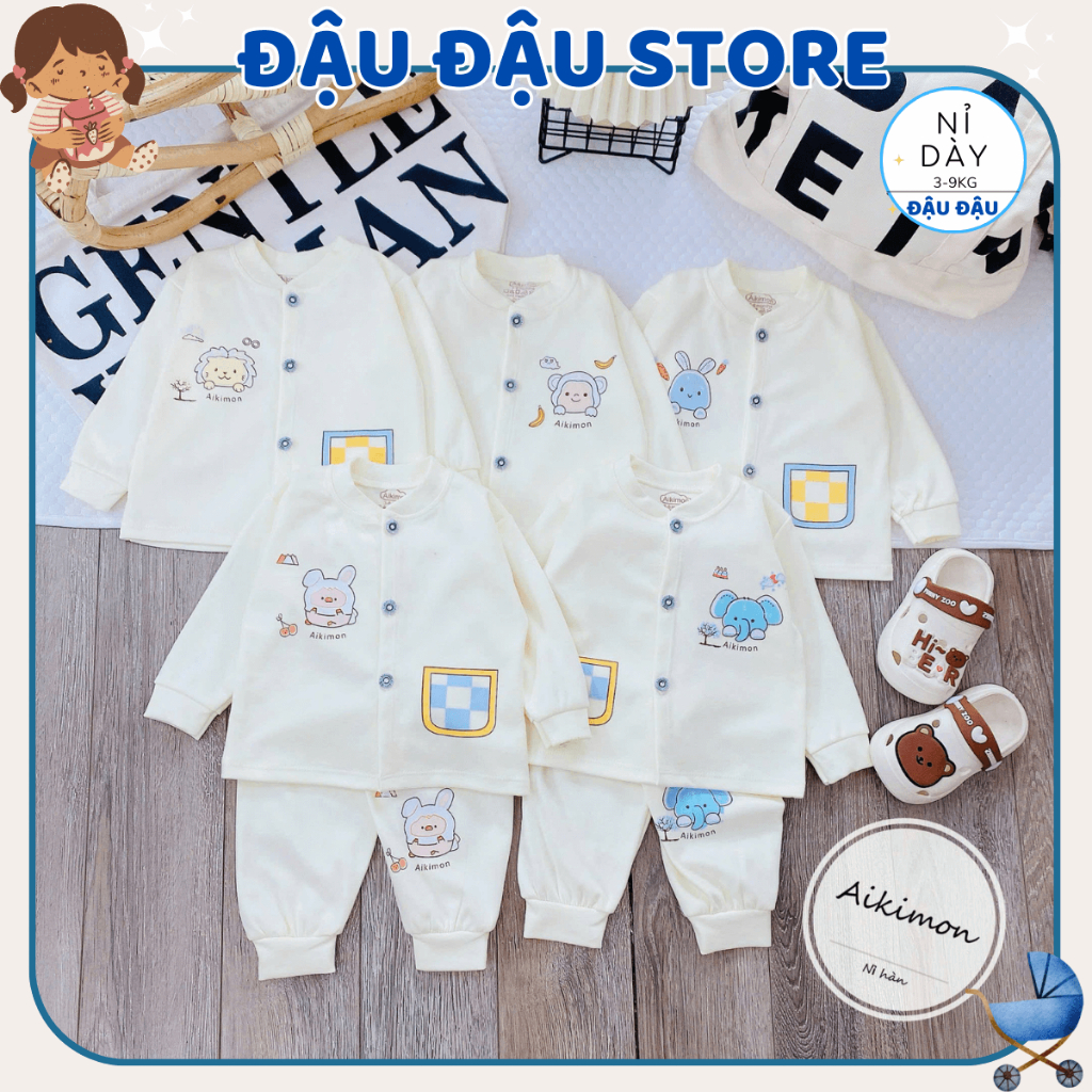 (Dày Đẹp) Bộ Nỉ Thu Đông AKIMON Cho Bé Trai Bé Gái Sơ Sinh 3-9kg nền kem phối màu mềm mịn giữ nhiệt AK01 Đậu Đậu Store