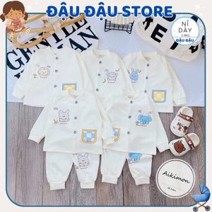 Bộ Nỉ Thu Đông AKIMON Cho Bé Trai Bé Gái Sơ Sinh 3-9kg nền kem phối màu mềm mịn giữ nhiệt AK01 Đậu Đậu Store