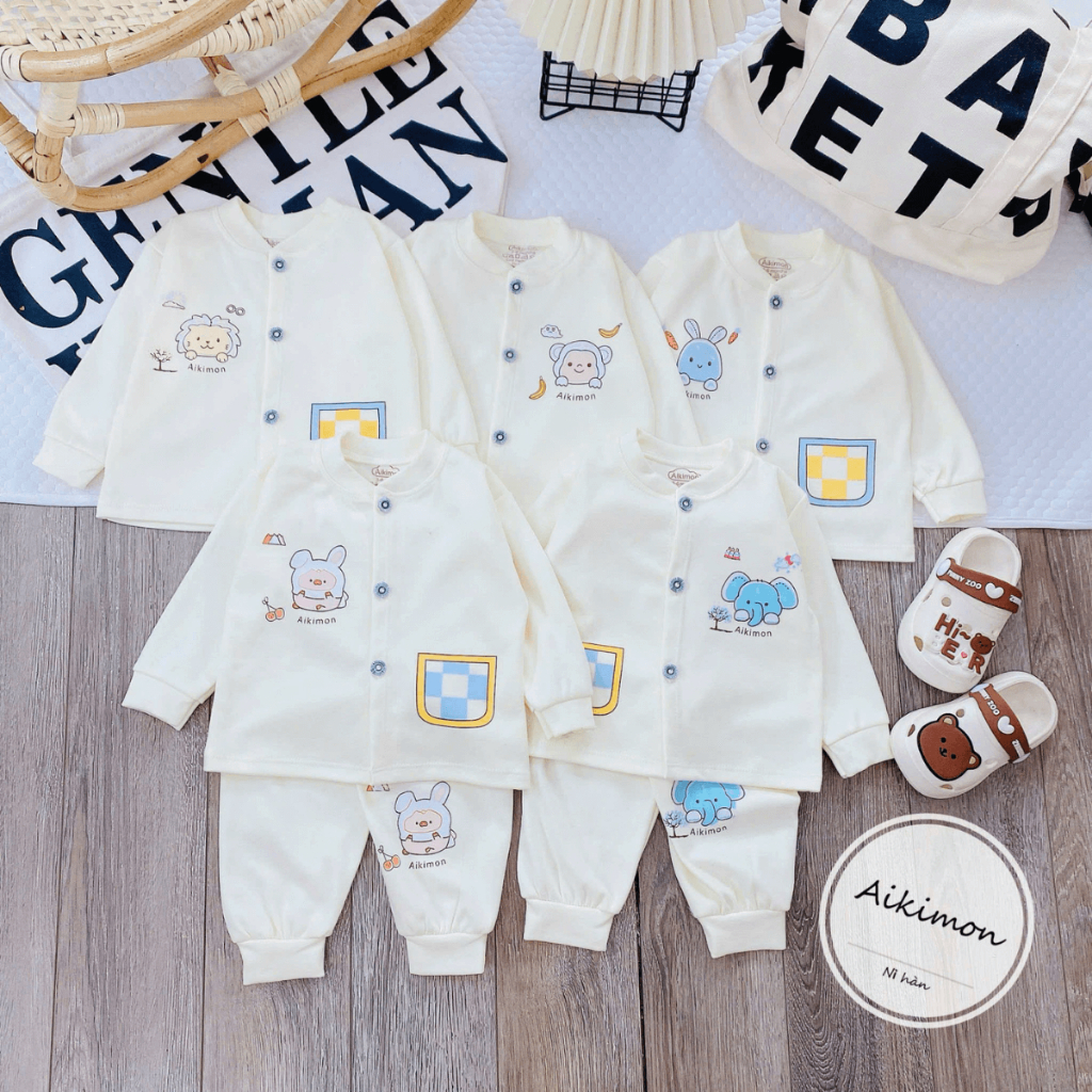 (Dày Đẹp) Bộ Nỉ Thu Đông AKIMON Cho Bé Trai Bé Gái Sơ Sinh 3-9kg nền kem phối màu mềm mịn giữ nhiệt AK01 Đậu Đậu Store