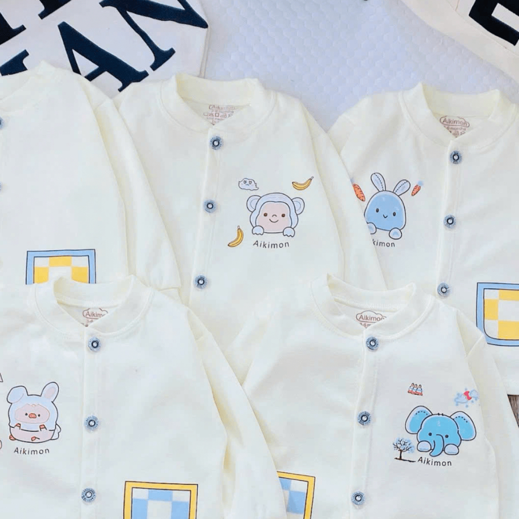 (Dày Đẹp) Bộ Nỉ Thu Đông AKIMON Cho Bé Trai Bé Gái Sơ Sinh 3-9kg nền kem phối màu mềm mịn giữ nhiệt AK01 Đậu Đậu Store