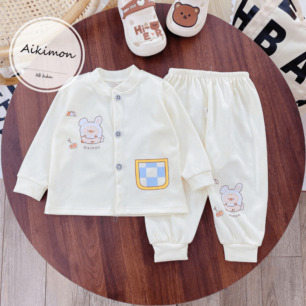 (Dày Đẹp) Bộ Nỉ Thu Đông AKIMON Cho Bé Trai Bé Gái Sơ Sinh 3-9kg nền kem phối màu mềm mịn giữ nhiệt AK01 Đậu Đậu Store