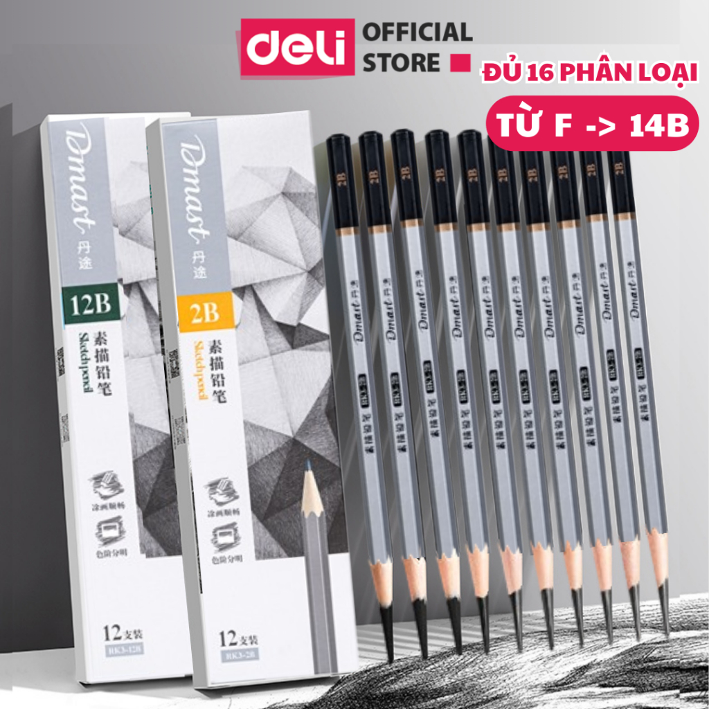 Bút Chì Phác Thảo Deli Phiên Bản Cao Cấp Dmast 2H, HB, 2B, 4B, 6B, 8B,10B,12B Vẽ Chuyên Nghiệp Chì Mềm Độ Đậm Chuẩn