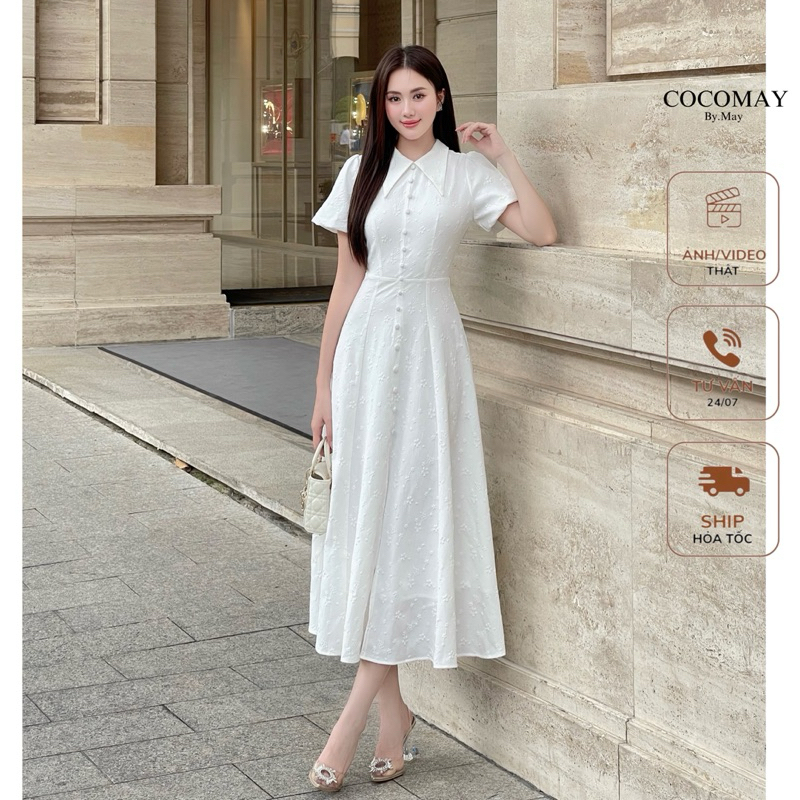 COCOMAY Đầm hoa nổi midi cổ sơ mi tay bồng nhẹ dịu dàng thanh lịch Nữ ...