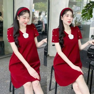 Đầm bầu dáng suông cổ tim Viba V68 màu đỏ vải nhung  kèm hoa