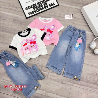 Bộ bé gái,Sét áo cộc tay cotton in hình thỏ babytheer mix quần jean xuông cho bé gái