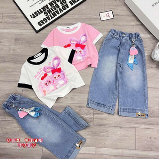 Bộ bé gái,Sét áo cộc tay cotton in hình thỏ babytheer mix quần jean xuông cho bé gái