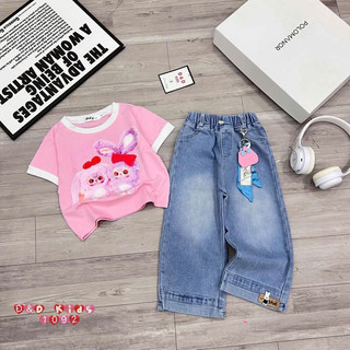 Bộ bé gái,Sét áo cộc tay cotton in hình thỏ babytheer mix quần jean xuông cho bé gái