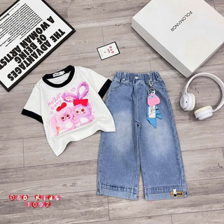 Bộ bé gái,Sét áo cộc tay cotton in hình thỏ babytheer mix quần jean xuông cho bé gái