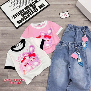 Bộ bé gái,Sét áo cộc tay cotton in hình thỏ babytheer mix quần jean xuông cho bé gái