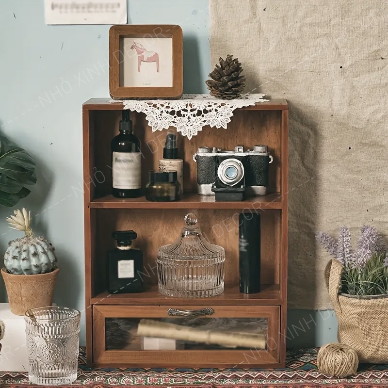 Hộp tủ gỗ để bàn decor trang trí màu nâu óc chó, tủ kệ để phụ kiện đa năng, trang trí quán cafe