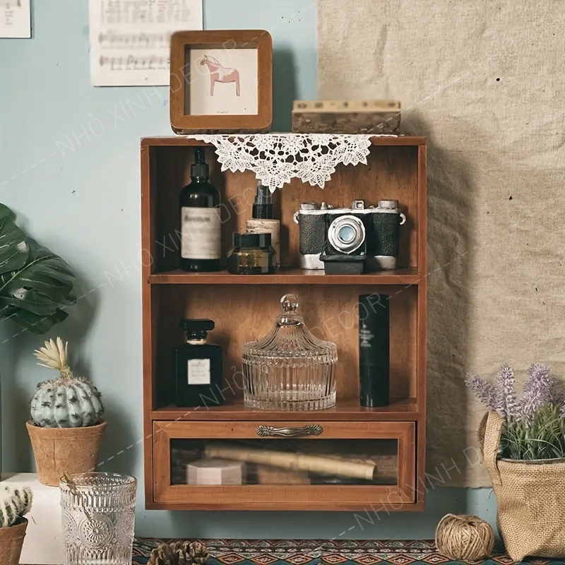 Hộp tủ gỗ để bàn decor trang trí màu nâu óc chó, tủ kệ để phụ kiện đa năng, trang trí quán cafe