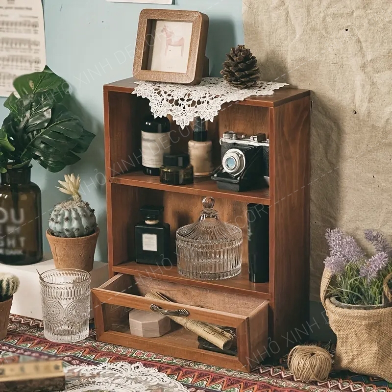 Hộp tủ gỗ để bàn decor trang trí màu nâu óc chó, tủ kệ để phụ kiện đa năng, trang trí quán cafe