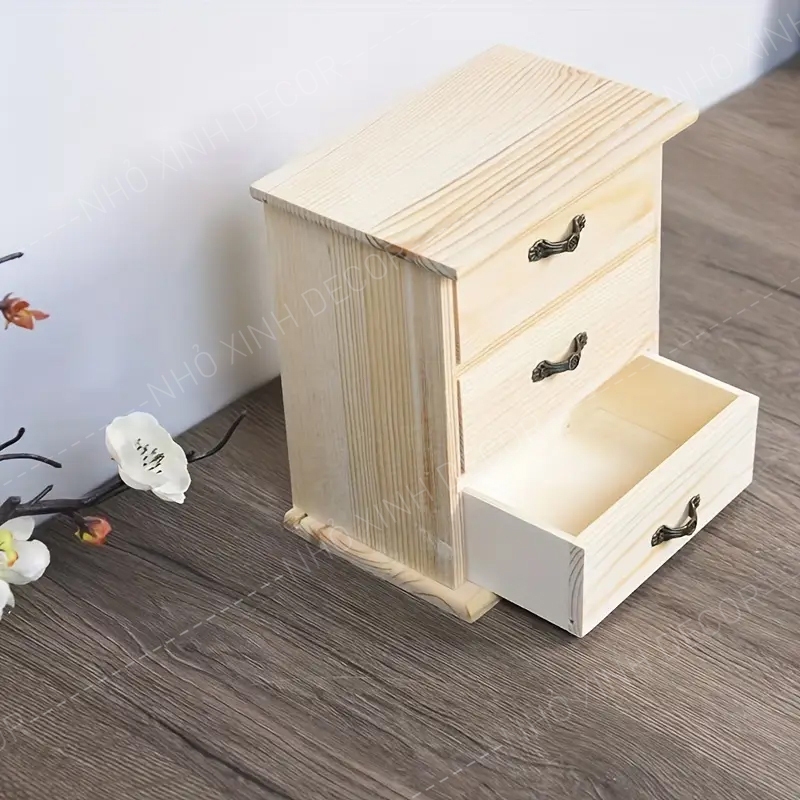 Hộp tủ mini gỗ màu mộc để phụ kiện, đồ trang điểm, nữ trang đa năng 3 ngăn