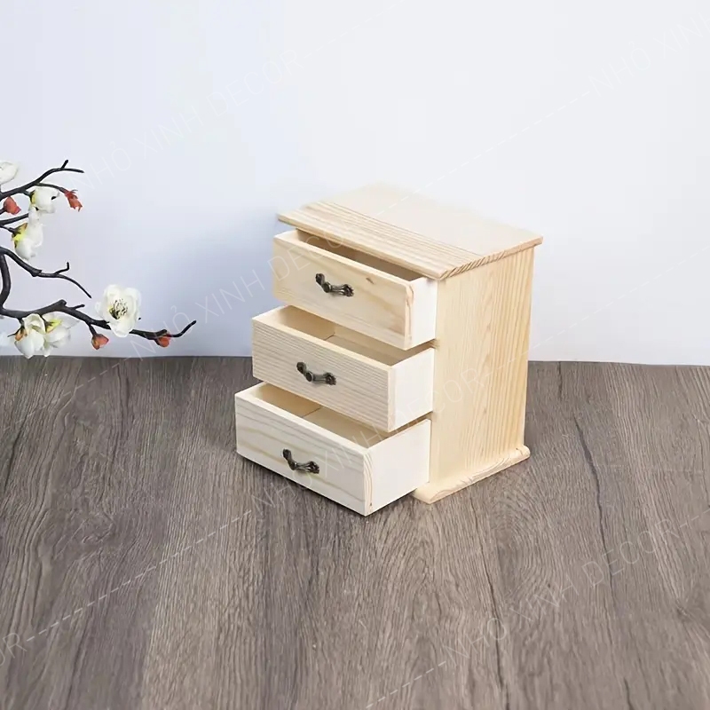 Hộp tủ mini gỗ màu mộc để phụ kiện, đồ trang điểm, nữ trang đa năng 3 ngăn