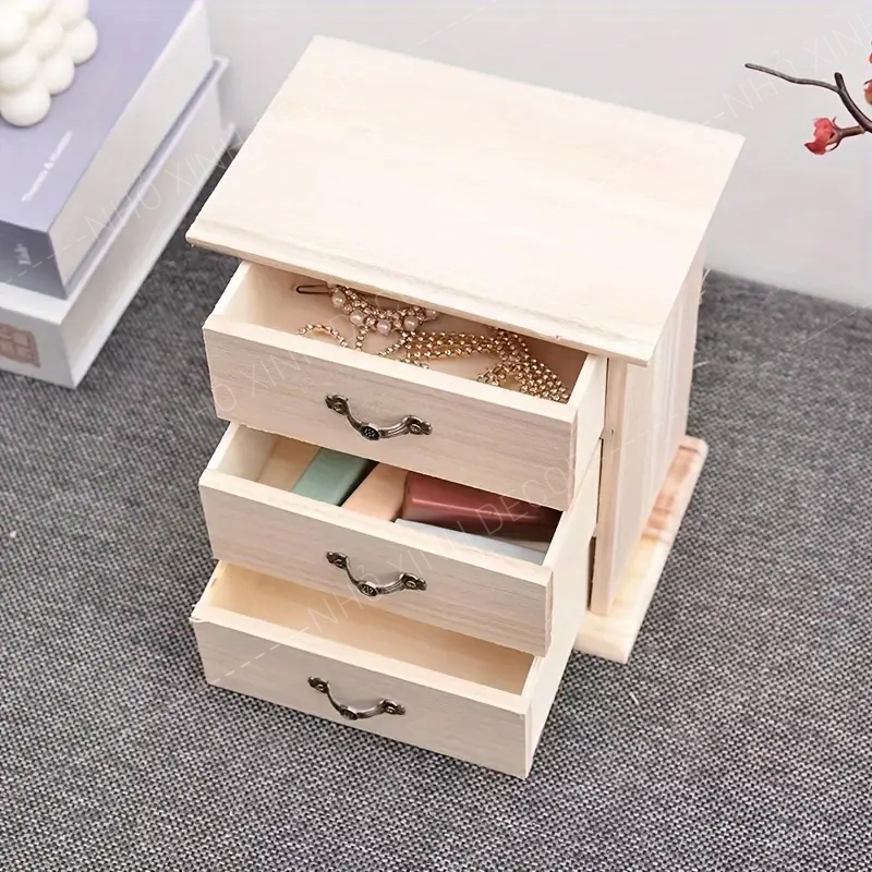 Hộp tủ mini gỗ màu mộc để phụ kiện, đồ trang điểm, nữ trang đa năng 3 ngăn