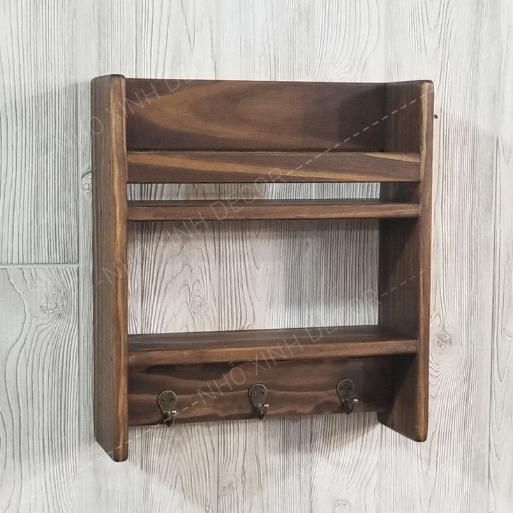 Kệ treo tường màu nâu óc chó kèm móc treo phụ kiện, quần áo, mũ nón decor trang trí đa năng