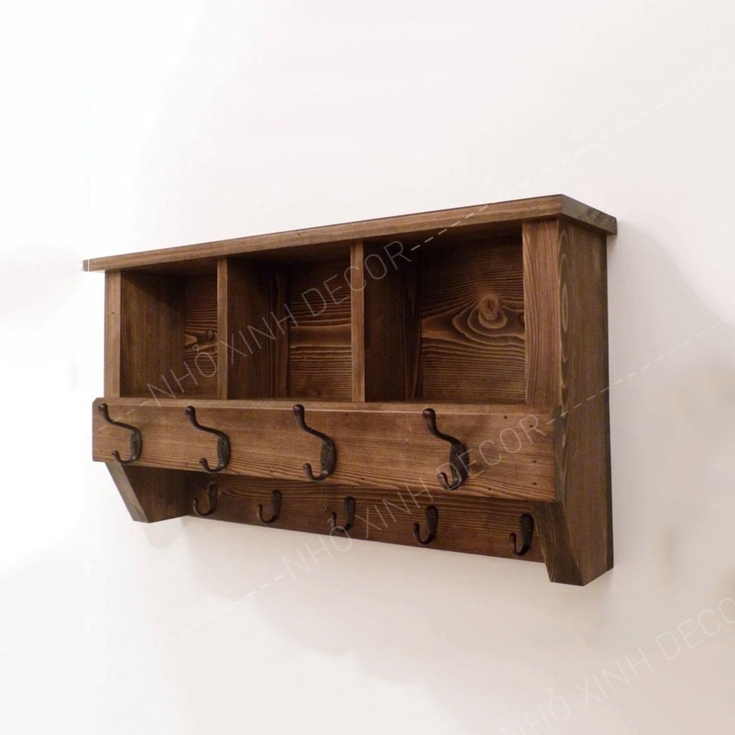 Kệ treo tường màu nâu óc chó kèm móc treo phụ kiện, quần áo, mũ nón decor trang trí đa năng