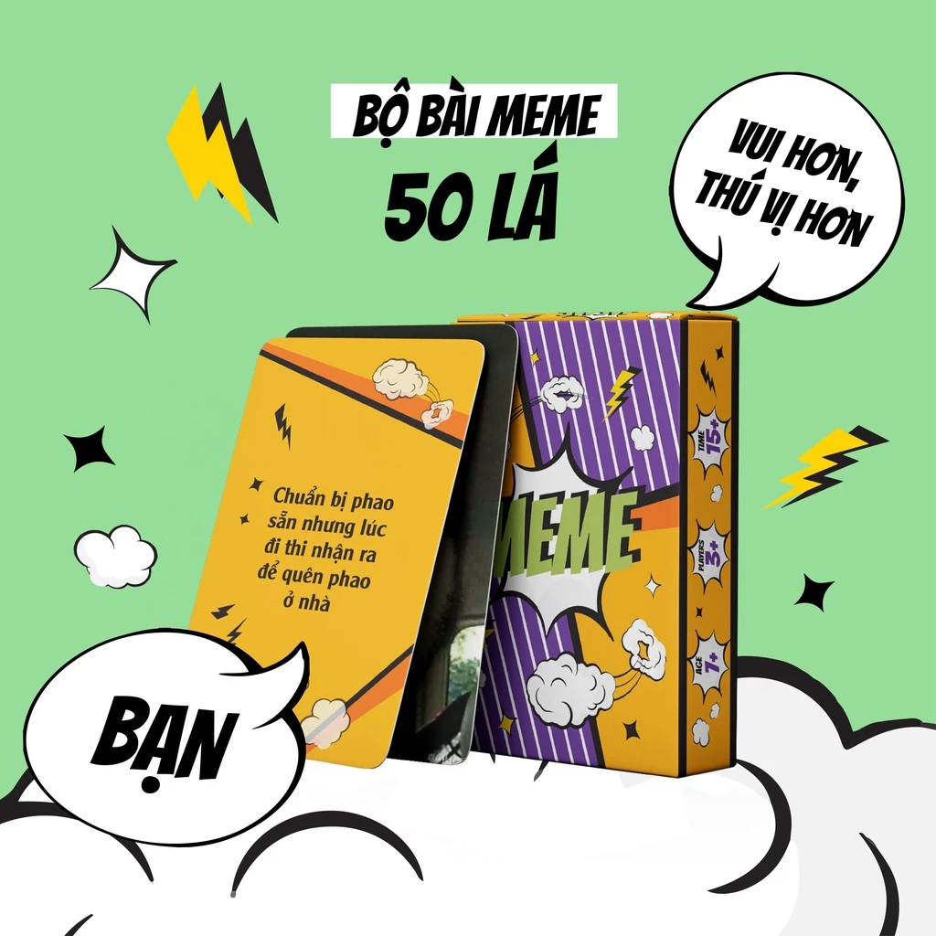 Combo 10 Bộ Bài Meme 50 Lá Giấy Cứng Vui Nhộn Giải Trí Cuối Tuần Chơi Nhóm Board Game THE KAS