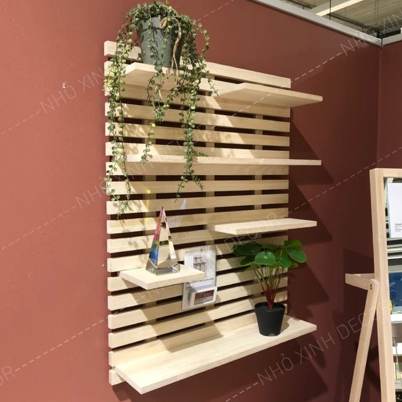 Kệ gỗ treo tường đa năng, kệ decor, trang trí decor trước bàn làm việc, kệ nan gỗ trang trí decor cây cảnh mini