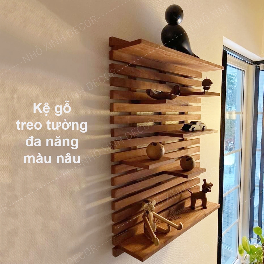 Kệ gỗ treo tường đa năng, kệ decor, trang trí decor trước bàn làm việc, kệ nan gỗ trang trí decor cây cảnh mini