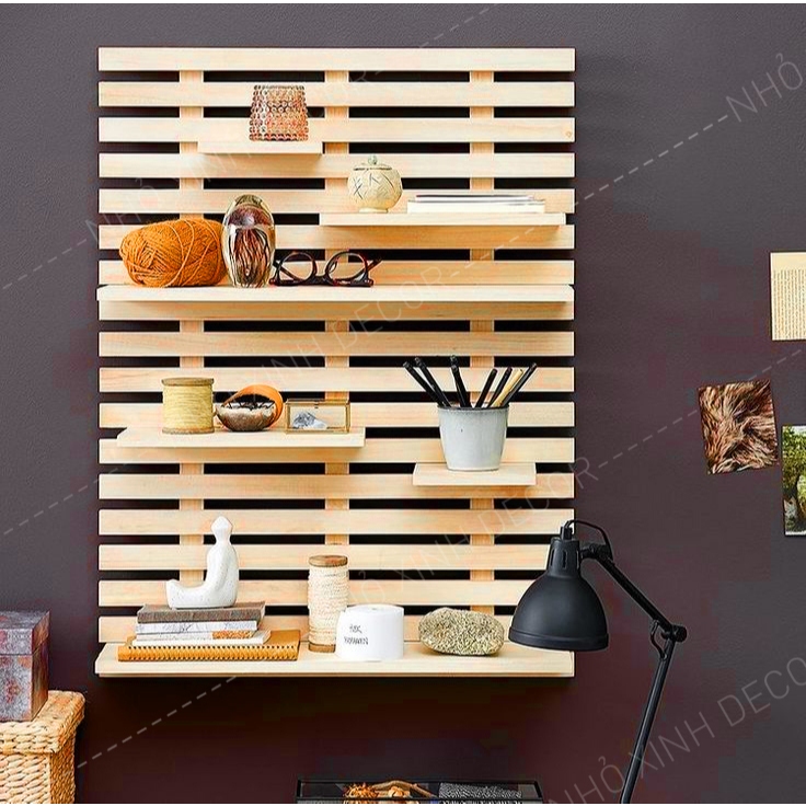 Kệ gỗ treo tường đa năng, kệ decor, trang trí decor trước bàn làm việc, kệ nan gỗ trang trí decor cây cảnh mini