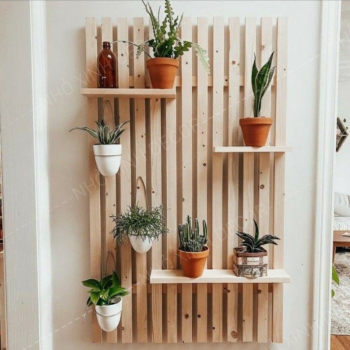 Kệ gỗ treo tường đa năng, kệ decor, trang trí decor trước bàn làm việc, kệ nan gỗ trang trí decor cây cảnh mini