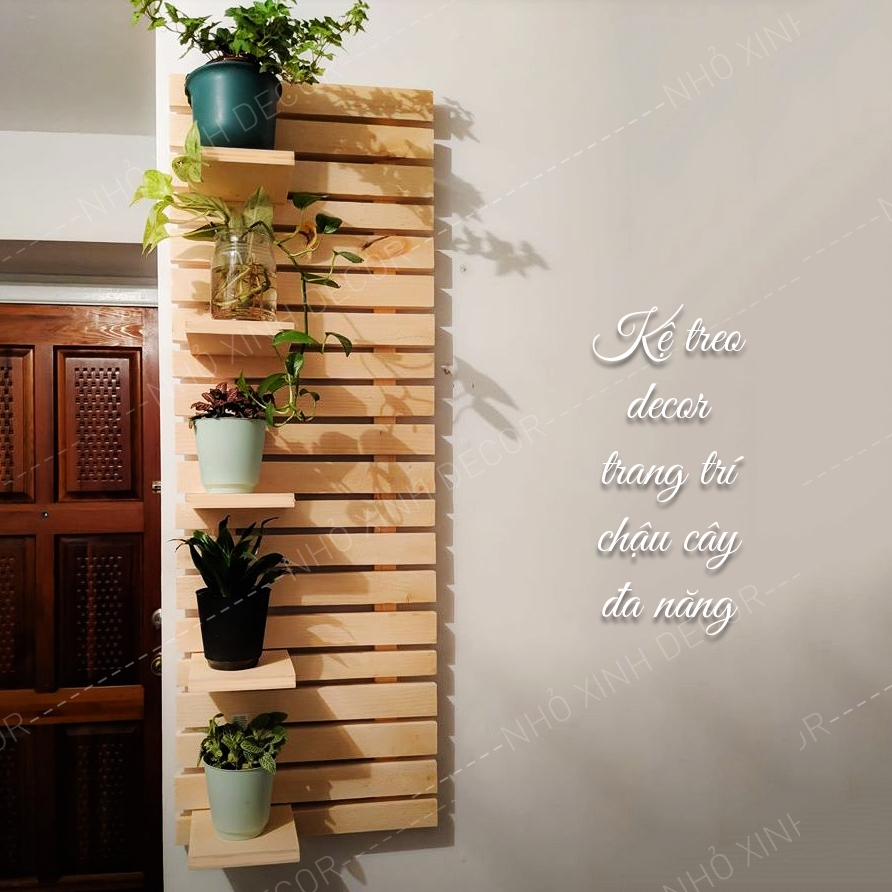 Kệ gỗ treo tường đa năng, kệ decor, trang trí decor trước bàn làm việc, kệ nan gỗ trang trí decor cây cảnh mini