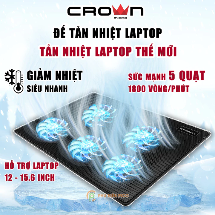 Đế tản nhiệt Laptop 5 Quạt Gaming Crown CM05 Giá Đỡ Làm Mát máy tính 15.6 inch Quạt tản nhiệt laptop