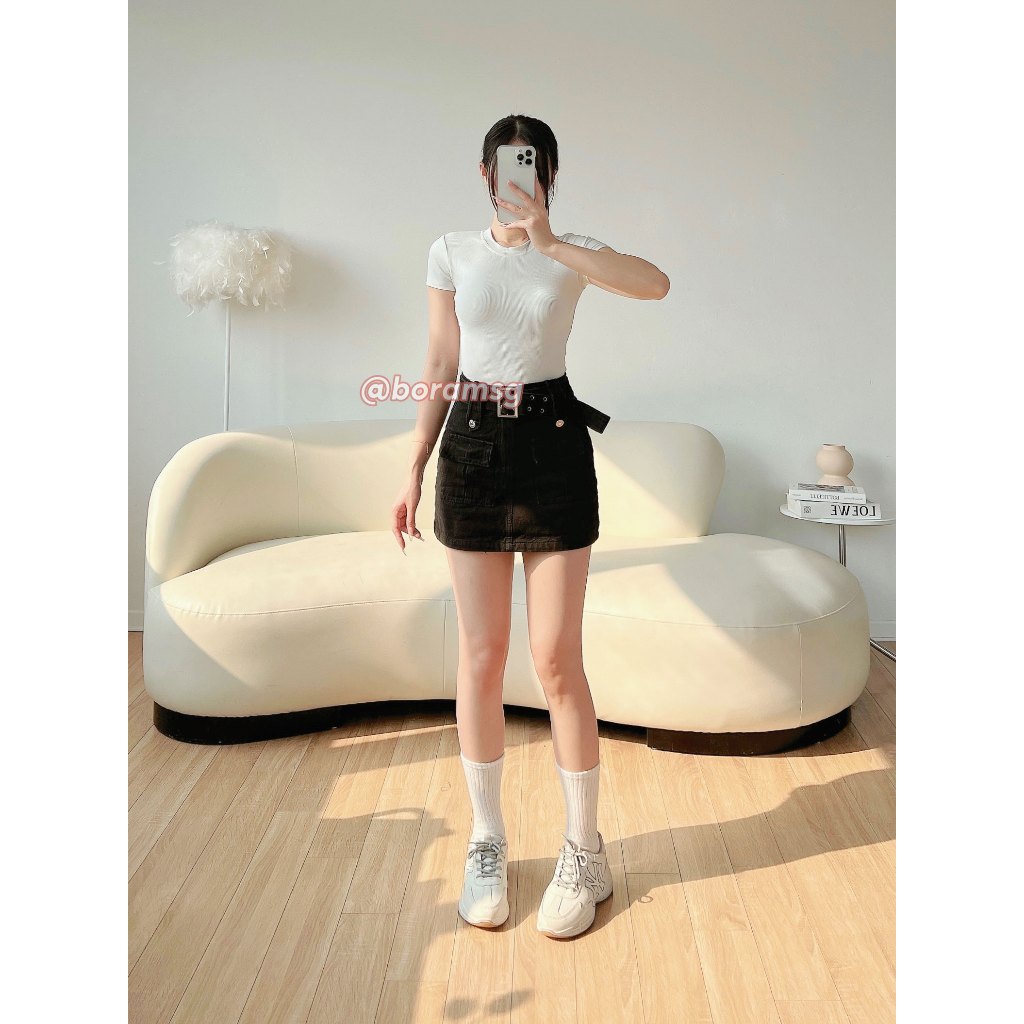 Chân váy túi hộp kaki nữ, chân váy chữ a ngắn thắt lưng bản to BORAM SG (có quần trong)
