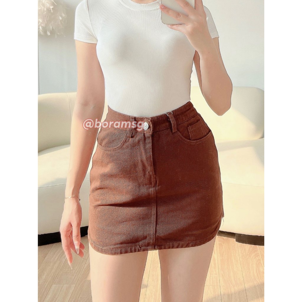 Chân váy kaki nữ ngắn, chân váy chữ a nâu BORAM SG (có quần trong)