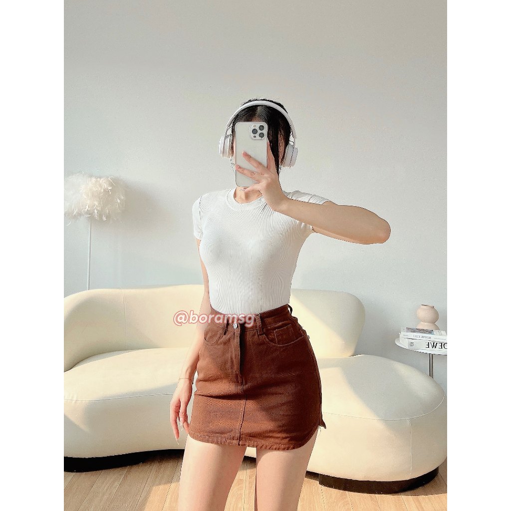Chân váy kaki nữ ngắn, chân váy chữ a nâu BORAM SG (có quần trong)