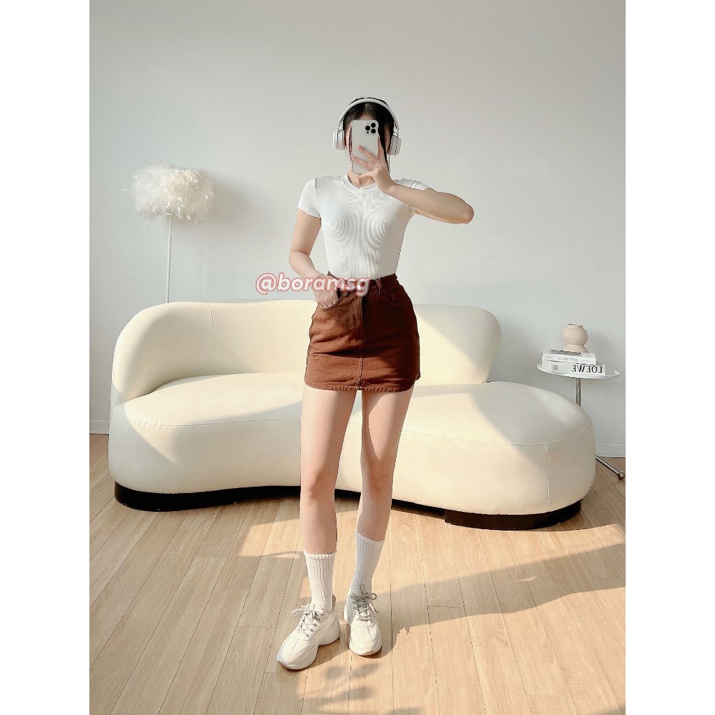 Chân váy kaki nữ ngắn, chân váy chữ a nâu BORAM SG (có quần trong)