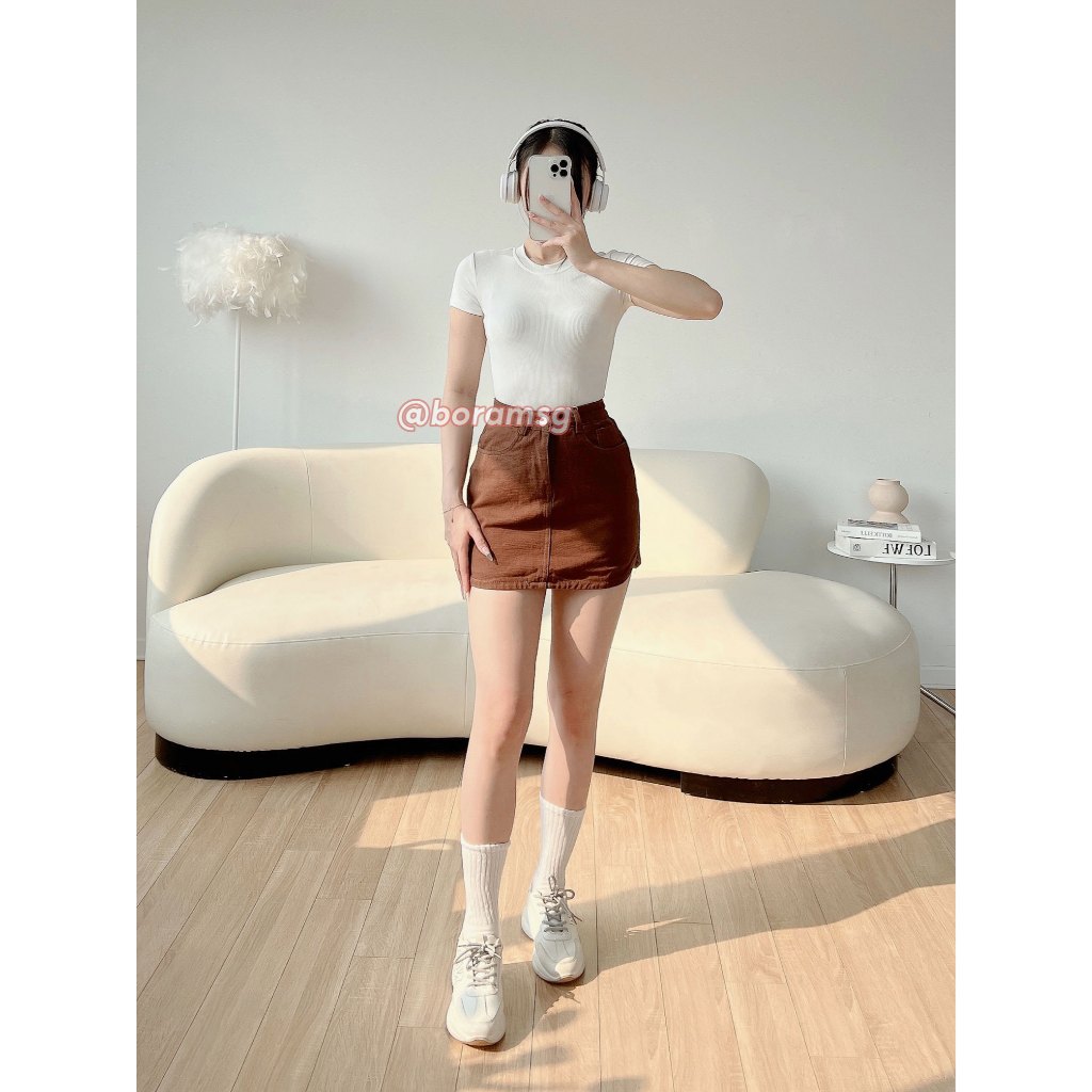 Chân váy kaki nữ ngắn, chân váy chữ a nâu BORAM SG (có quần trong)
